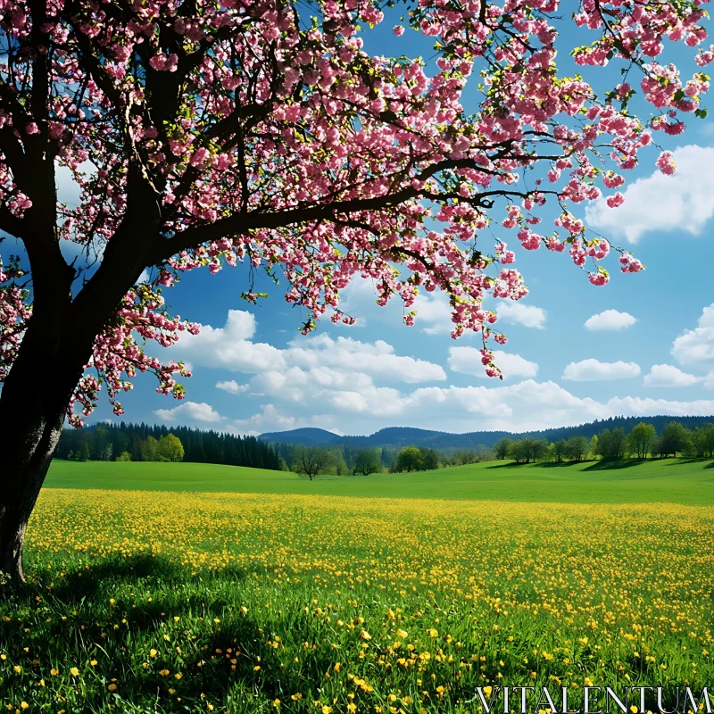 AI ART Spring Blossom Landscape with Yellow Field