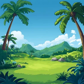 Tropical Island Scene with Green Field