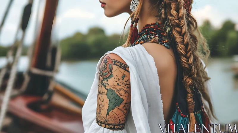 Bohemian Woman with Detailed Map Tattoo AI Image