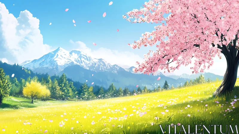 AI ART Spring Blossom Field with Mountain View