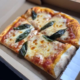 Cheesy Pizza Topped with Basil Leaves