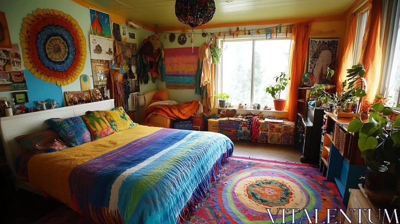 Eclectic Bedroom with Plants and Sunlight AI Image