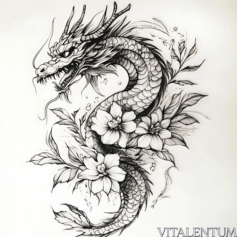 Mythical Dragon Intertwined with Flowers Tattoo Art AI Image