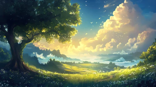 Scenic Meadow View Under a Cloudy Sky