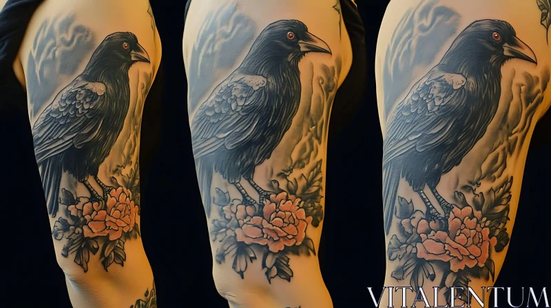 Black Crow Tattoo on Arm With Flowers AI Image