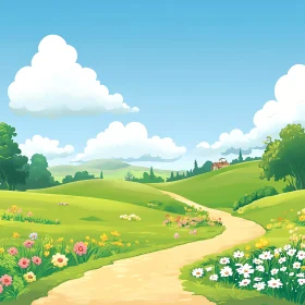 Cartoon Green Hills and Flowers Landscape