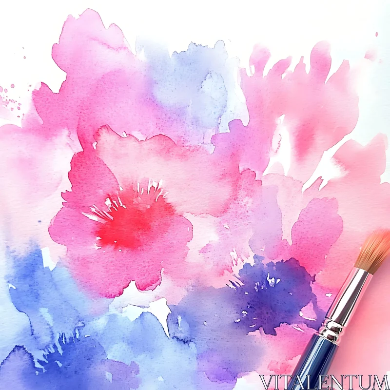 Pink and Blue Watercolor Flower Art AI Image