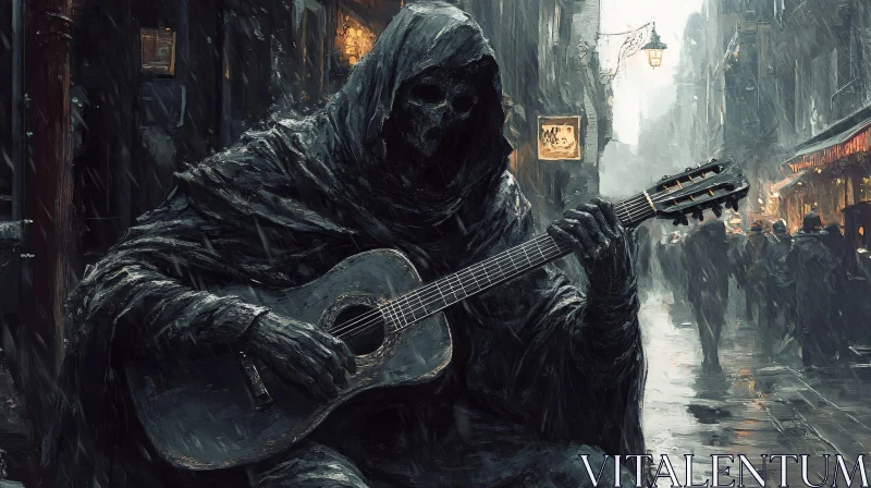 AI ART Dark Guitarist on a Rainy Street