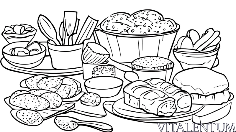 Monochrome Breakfast and Pastry Illustration AI Image