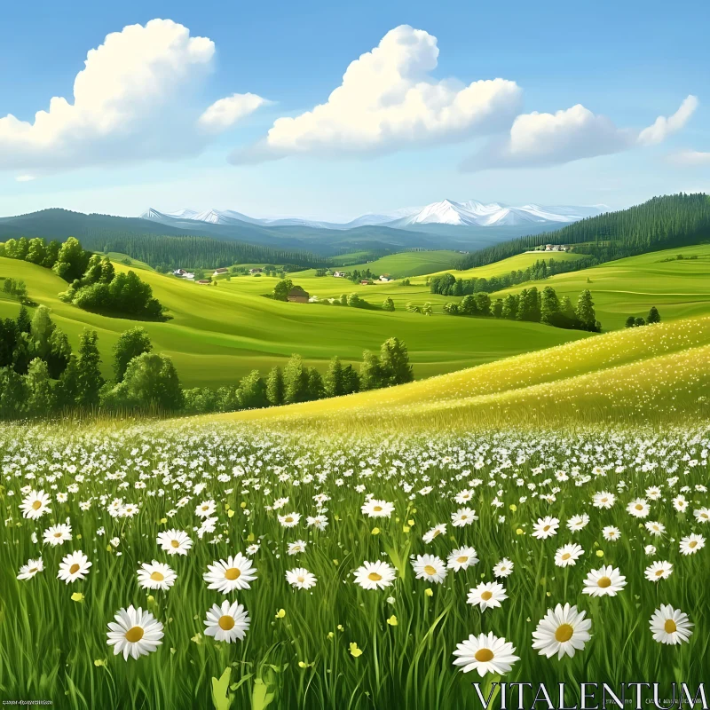 AI ART Lush Green Hills and Daisy Meadow