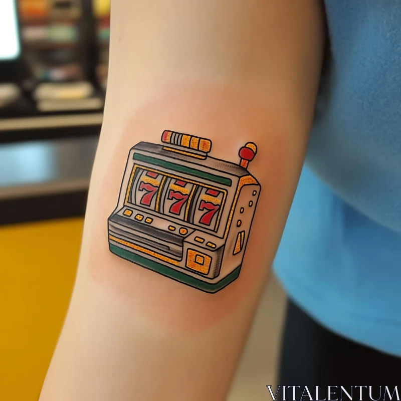 Colorful Casino Slot Machine Tattoo with Winning Triple 7 AI Image