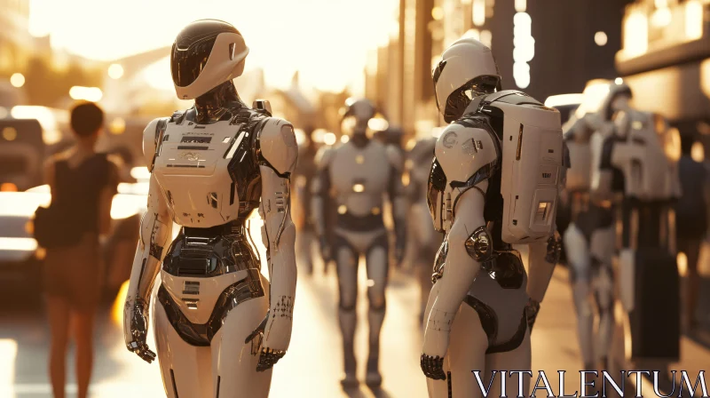 Futuristic Cityscape with Humanoid Robots AI Image