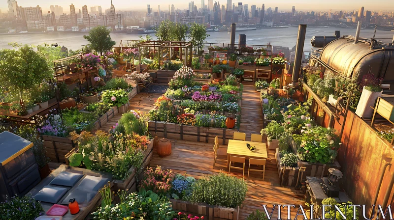 Urban Rooftop Garden with Flowers and City View AI Image