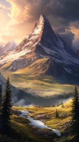 Sunset Over Mountain Peak with Serene Valley