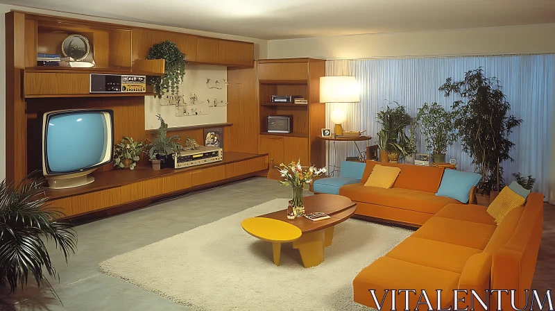 AI ART Vintage Living Room with Orange Sofa