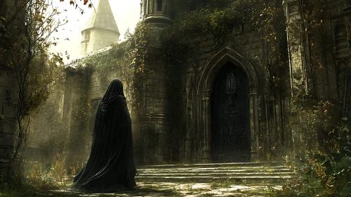 Figure in Cloak Before Gothic Building