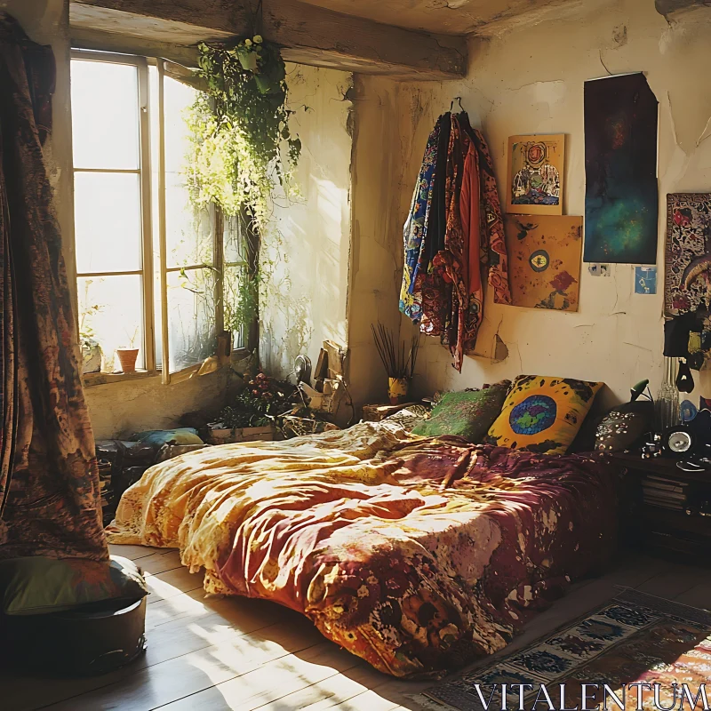 AI ART Sunlit Bohemian Bedroom Interior