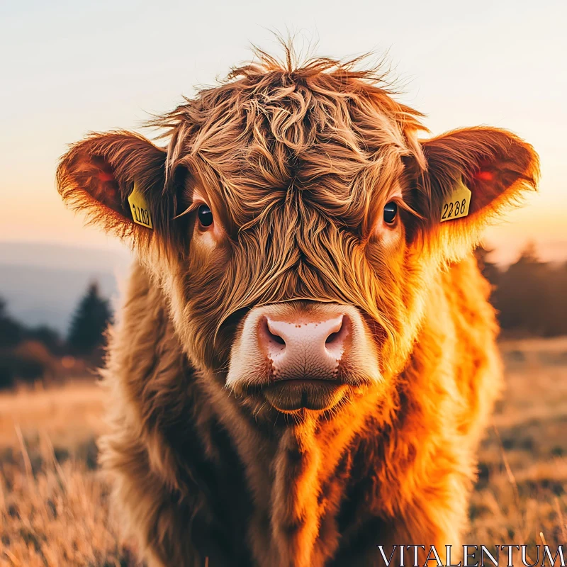 Fluffy Highland Cow in Evening Light AI Image