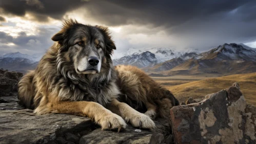 Epic Portraiture of a Dog Amidst Majestic Mountains