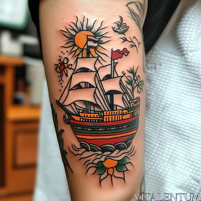 Sailing Ship Tattoo Artwork with Natural Elements AI Image