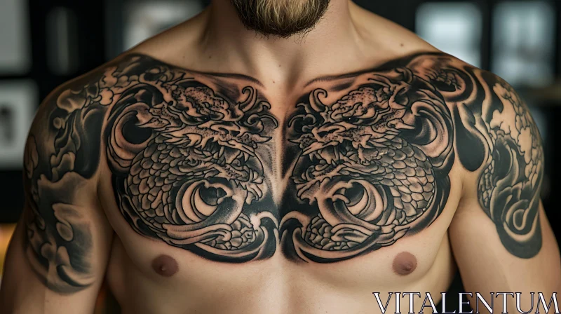 Detailed Symmetrical Dragon Chest Tattoo AI Image