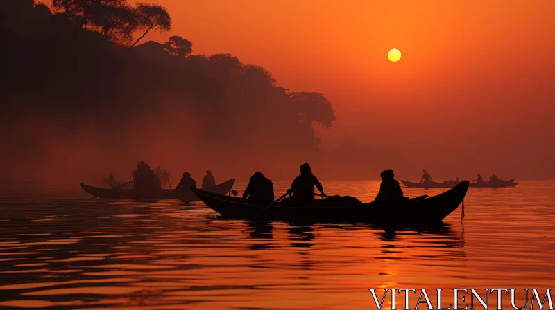 Rowing in a Canoe: A Captivating Misty Scene with Backlit Photography AI Image