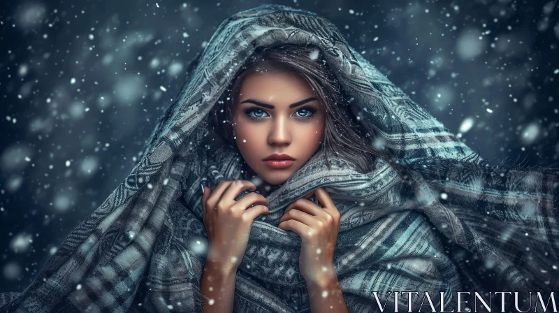 AI ART Serene Winter Portrait: Young Woman in Snow with Gray Scarf