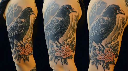 Black Crow Tattoo on Arm With Flowers