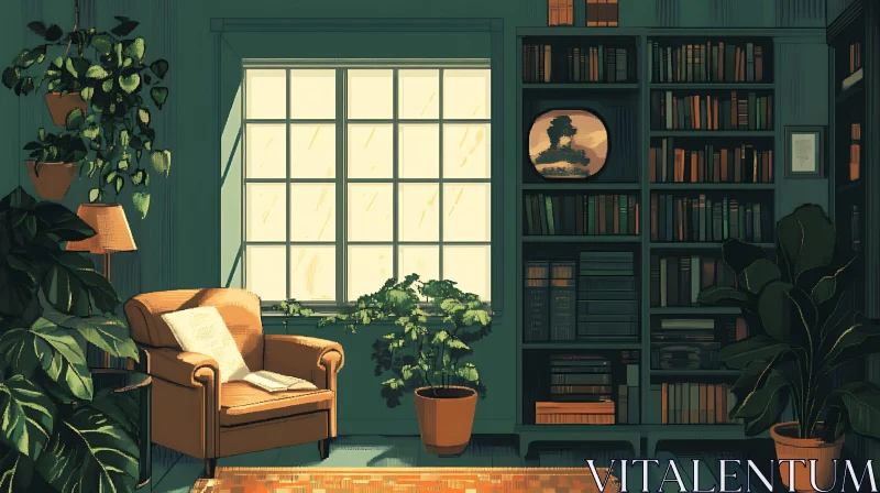 Cozy Interior with Bookshelf and Armchair AI Image