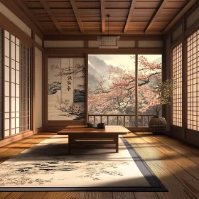 Tranquil Interior with Blooming Cherry Trees