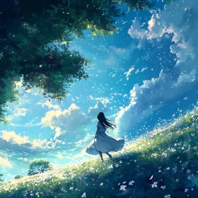 Girl in Meadow Under Sky Artwork