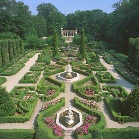 Geometric Garden Landscape with Classical Architecture