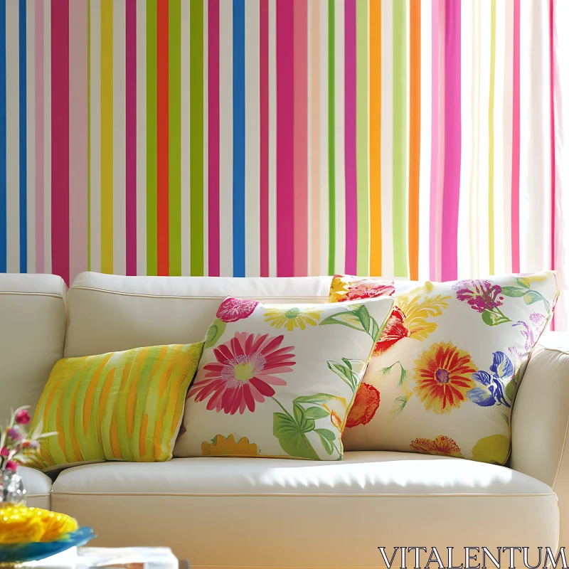 Colorful Striped Wallpaper and Floral Pillows AI Image