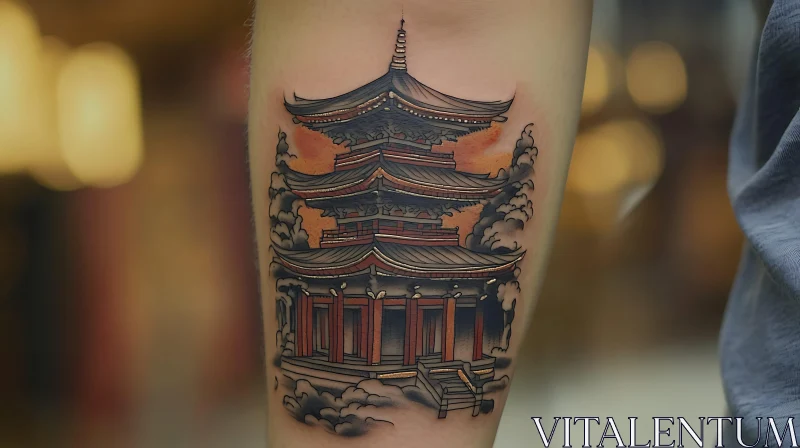 Japanese Pagoda Arm Tattoo Art AI Image