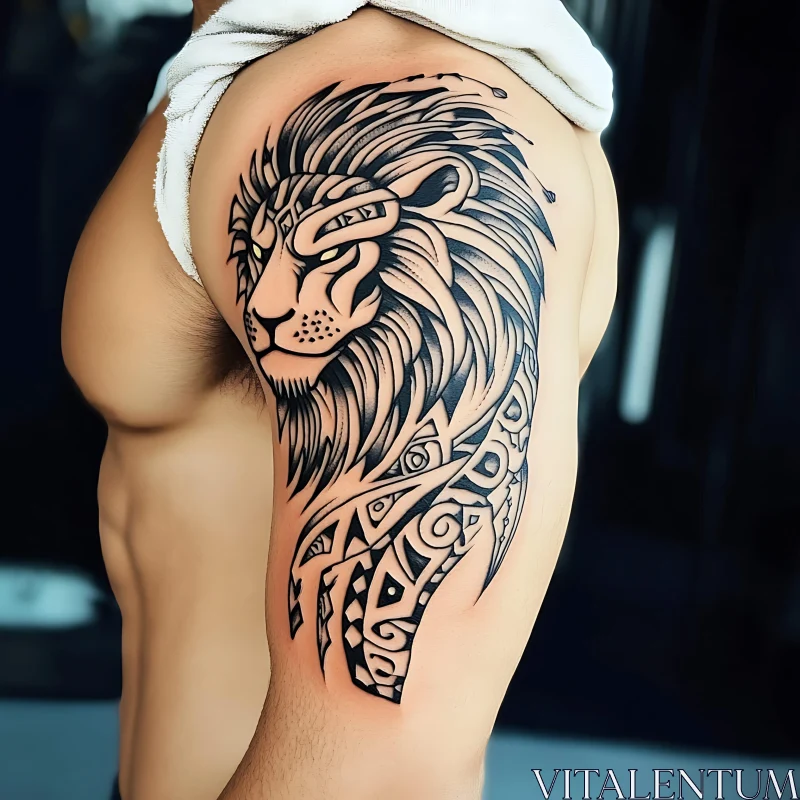 Intricate Black Ink Lion Tattoo AI Image