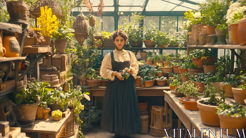 Woman in Greenhouse Surrounded by Potted Plants AI Image