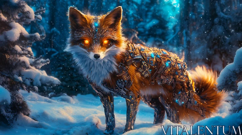 Cybernetic Fox in Snowy Woods AI Image