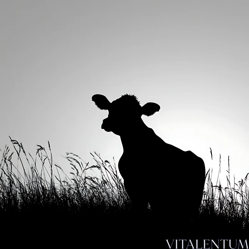 Monochrome Cow Silhouette in Grassy Field AI Image