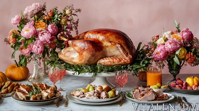 Roasted Turkey and Floral Centerpiece AI Image