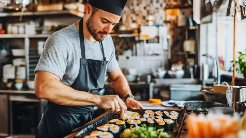 Sushi Chef Crafting Rolls in Restaurant Kitchen