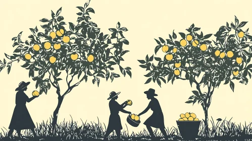 Silhouetted Women Harvesting Yellow Fruits