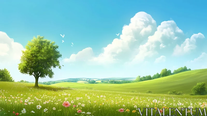 AI ART Lush Green Field Under Blue Sky