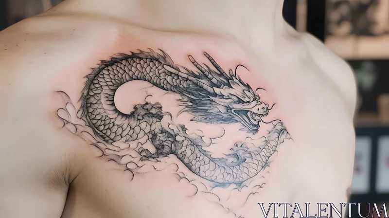 AI ART Black and Grey Dragon Chest Tattoo