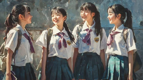 Four Schoolgirls Smiling Portrait