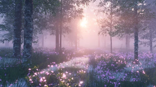 Misty Morning in Blooming Forest