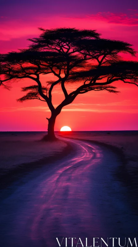 African-inspired Sunset: Captivating Tree on Road | 8k National Geographic Photo AI Image
