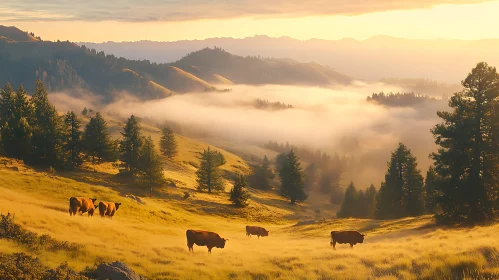 Cows Grazing in a Foggy Landscape