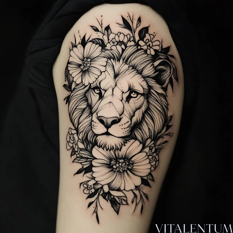 Intricate Lion and Floral Tattoo Design AI Image