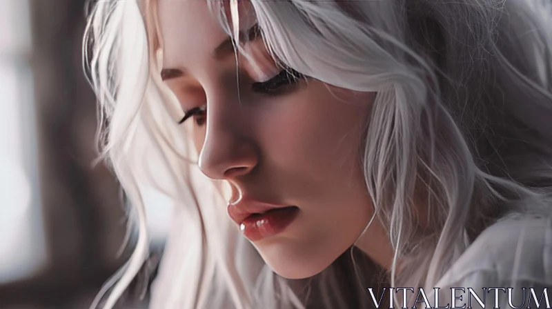 Captivating Portrait of a Serene Woman with Flowing White Hair AI Image