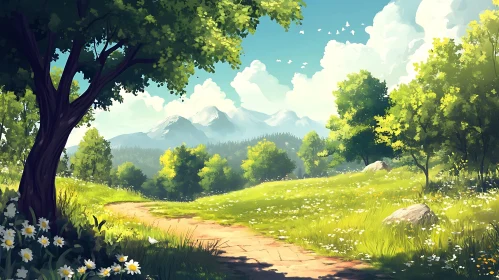 Scenic Meadow Path with Distant Mountains
